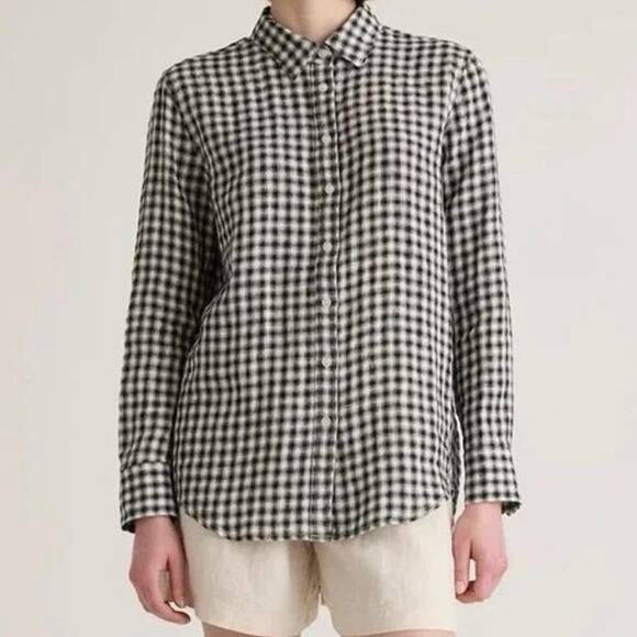 NWT Quince European Linen Long Sleeve Top In Gingham - Picture 1 of 7